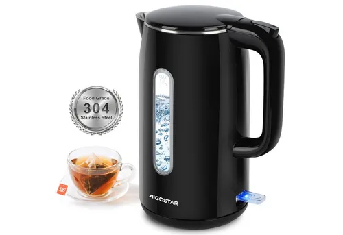 Aigostar Wasserkocher Edelstahl Doppelwand Elektrischer Wasserkocher mit Wasserstandsanzeige, 1.7 l, 2200,00 W, 4 Minuten Schnell auf 100°C, BPA Frei