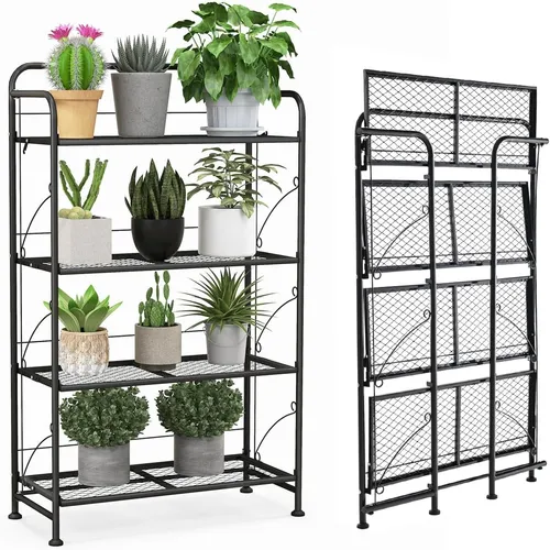 COSTWAY 4-stufiger Metall Pflanzenständer klappbar - Pflanzenkästen & Spaliere – Platzsparendes, klappbares Design mit 4 Ablagen, belastbar bis 40 kg, ideal für kleine Räume und verschiedene Pflanzengrößen.