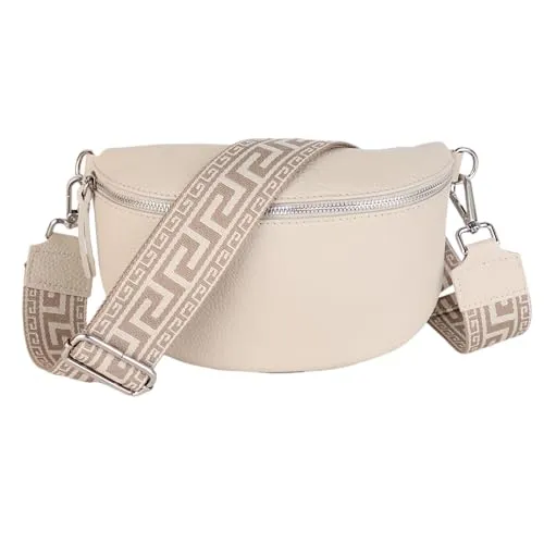 MIRROSI® Bauchtasche Damen, Echtleder, Made in Italy, Umhängetasche, Brusttasche, Crossbody Bag (1 Tasche & 2 Gurte) (Beige (NN Taupe), Kleine Tasche (22x13x6cm))