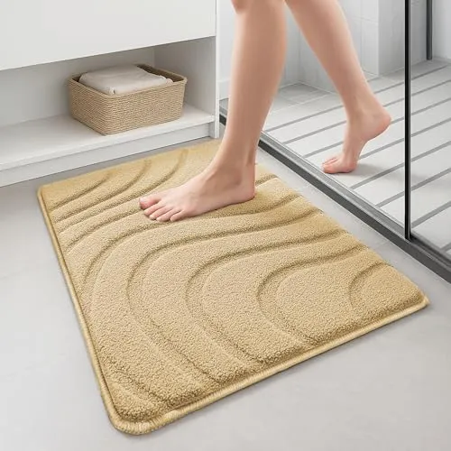 VOUNOT Badematte rutschfeste, Mikrofaser Weich Saugfähig Badezimmerteppich, Flauschig & schnelltrocknend Maschinenwaschbar Badteppich, Fußmatte mit Wellenmuster Duschvorleger 50x80cm Beige