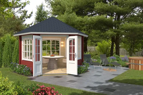 Pavillon Walmdach 44 mm Ilmenau rot 350x350 cm - Gartenhaus, stilvolles Walmdach-Design mit 7.5 m² Nutzfläche, abschließbar und aus hochwertigem Holz gefertigt für optimale Langlebigkeit.