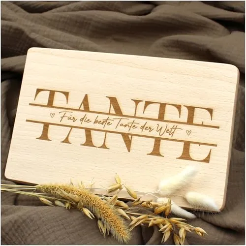 VmG-Store Frühstücksbrettchen 23,5x15cm Schneidebrett mit Gravur als Geschenk zum Geburtstag für Männer Frauen Kinder Brotzeitbrett mit Spruch Holz bedruckt (05 Tante, Ohne Wunschname)