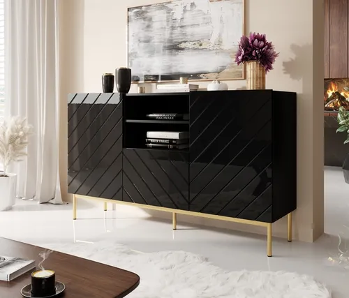 ABETO Kommode auf goldenem Stahlrahmen 150x42x90 schwarz/schwarz g 5903815007040
