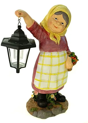 Kremers Schatzkiste Gartenfigur Oma Edeltraud mit Solarlaterne - Gartenfigur mit Solarlaterne, charmante Deko für Garten und Terrasse, sorgt für stimmungsvolles Licht und ist aus wetterfestem Polyresin gefertigt.