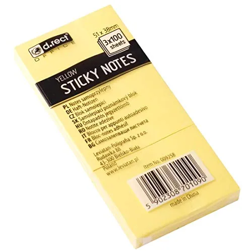 D.RECT - Haftnotizen (51x38mm) | Haftnotizzettel für Büro | Selbstklebende Notizzettel | Klebezettel | Sticky Notes | 3 Stücke x 100 Zettel | 300 Blatt | Gelb, 5902308701090
