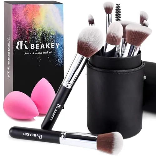 Produktbild BEAKEY Makeup Pinsel Foundation Blending Face Powder Blush Lidschatten -Sets mit Schwamm und Reinigungsei (10+2pcs mit schwarzem Pinseletui)
