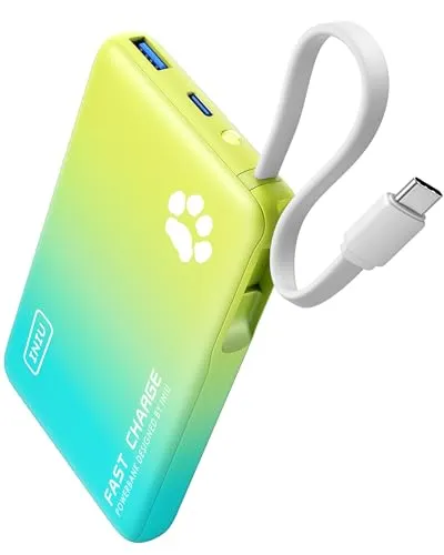 INIU Portable Charger, Slimmest 10000mAh Power Bank with Build in USB-C Cable, 20W PD Fast Charging USB C in&Out Battery Pack, External Phone Charger Blue Yellow