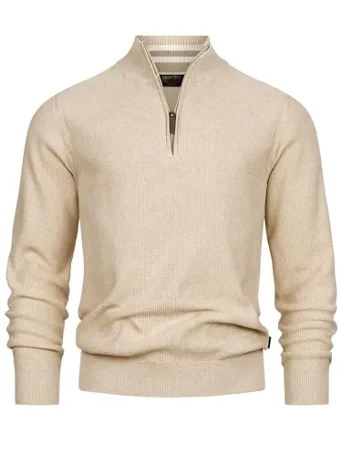 Indicode Herren INBull Strickpullover aus 100% Baumwolle mit Zip-Kragen | Pullover für Männer Ecru Mix, M