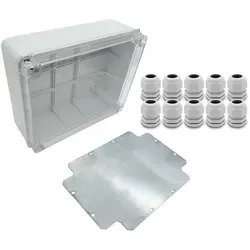 ARLI SET: Abzweigdose IP67 Sichttür Aufputz 250 x 200 x 90 mm inkl. Montageplatte + 10x Kabelverschraubungen M25 x 1,5 mm