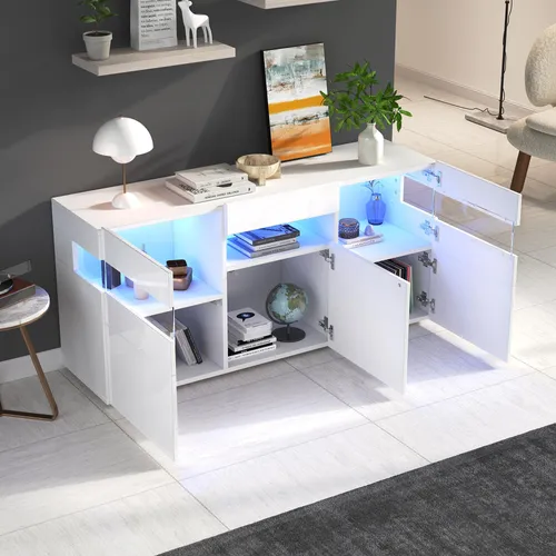 okwish Wohnzimmerschrank Sideboard mit Hochglanz und LED-Lichtleiste,Kommode Beistellschrank mit 7 Ablageflächen und 3 Schranktüren,Weiß