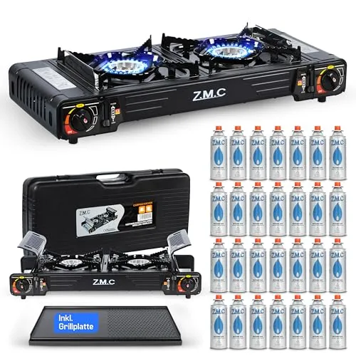 ZMC Gaskocher PREMIUM Butan Gaskocher Campingkocher 2-flammig + Gaskartuschen 227g, (Doppel Kartuschenkocher mit Zündsicherung, mit Piezozündung, Wärmeleistung: 2,0KW), für Outdoor und Innenraum, Gasherd Kochfeld Gas Kocher Herd PREMIUM Gaskocher + Grillplatte + 28x Gaskartuschen