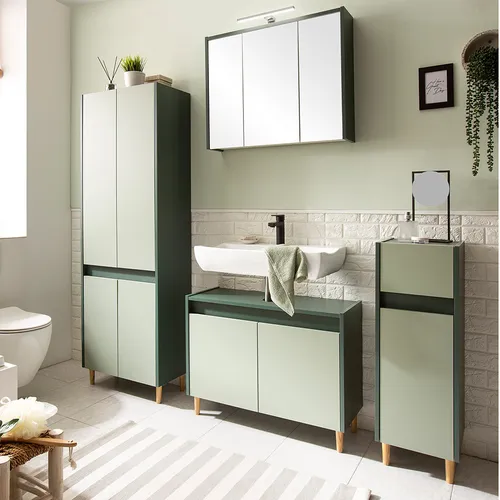 Modernes Badezimmer Set 4-teilig in grün LOANO-80 - Verwandle dein Badezimmer mit dem modernen 4-teiligen Set LOANO-80 in grün. Die grifflosen Fronten und stabilen Eschenholzfüße vereinen Design und Funktionalität für eine stilvolle Wohlfühloase.