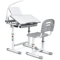 Kinderschreibtisch Mit Stuhl & Lampe, Höhenverstellbar, Neigungsverstellbar, Mit Schublade, Schuelerschreibtisch Grau - Costway