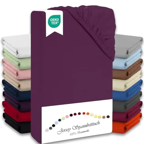 Julido Spannbettlaken 100x200 cm (Aubergine) - Jersey Betttuch aus 100% Baumwolle, Oeko-Tex Standard 100, hautfreundlich, atmungsaktiv & für Allergiker geeignet, Matratzenhöhe bis 30 cm