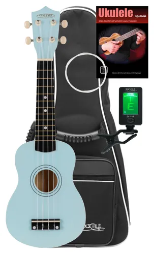 Classic Cantabile US-50 BL Sopran-Ukulele Blau Set - Sopran-Ukulele Set mit 12 Bünden und Bundmarkierungen, ideal für Einsteiger. Komplett mit Tasche, Stimmgerät und Ersatzsaiten - alles in einem praktischen Set!