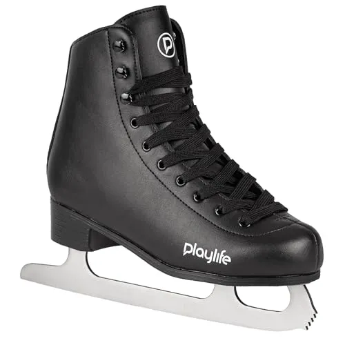 Playlife Classic Black Ice Skate – Schlittschuhe für Damen & Herren, wasserabweisendes Kunstleder, warmes Samtfutter, rostfreie 303-Edelstahlkufe, Komfort & Stabilität für Freizeit & Anfänger
