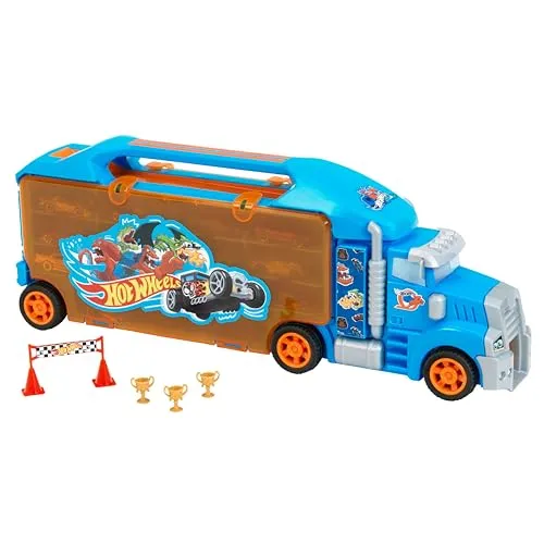 Theo Klein 2474 Hot Wheels LKW-Sammelkoffer I Stabiler Koffer für bis zu 24 Autos und 2 LKW I Praktische Unterteilungen I Maße: 62,9 cm x 12 cm x 23,6 cm I Spielzeug für Kinder ab 3 Jahren