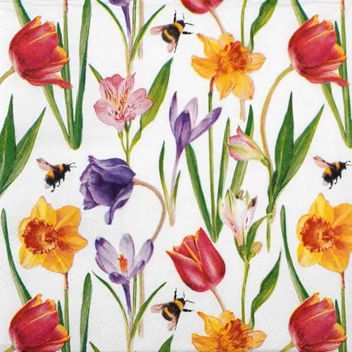 Servietten Frühling Frühlingsblumen und Bienen als Tischdeko. Papierservietten mit Motiv. Auch für Decoupage und Serviettentechnik 33x33cm 20