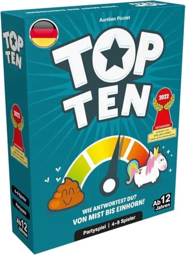 Cocktail Games Top Ten - Partyspiel für 4-9 Spieler - Das kooperative Partyspiel Top Ten sorgt für Spannung und Spaß! Findet gemeinsam Antworten zu verschiedenen Themen und erratet die Reihenfolge - ideal für gesellige Runden ab 12 Jahren.