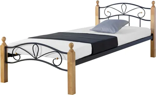 Homestyle4u Metallbett 90x200 mit Lattenrost - Stabiles Einzelbett aus Metall mit dekorativen Holzpfosten, ideal für Schlafzimmer oder Jugendzimmer. Inklusive Lattenrost, bietet eine Liegefläche von 90x200 cm und Stauraum von 28 cm.