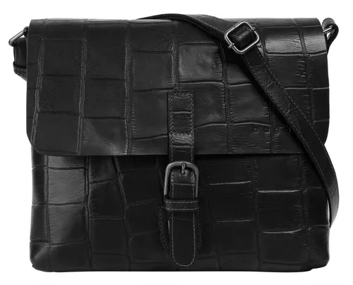 bugatti Nevio große Schultertasche - Elegante Kroko-Optik aus echtem Leder - Messenger-Bag in schwarz, handgefertigt aus hochwertigem Rindleder mit viel Stauraum und praktischem Schultergurt, perfekt für Alltag und Büro.