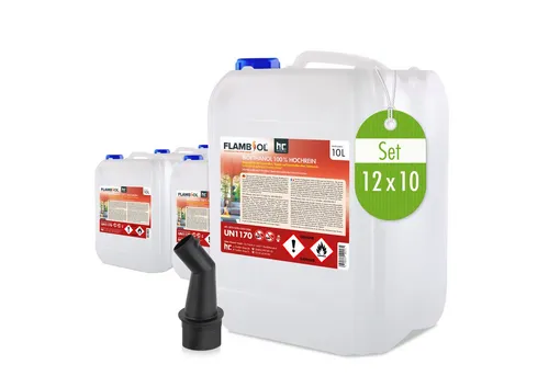 Höfer Chemie GmbH Bioethanol 100% Hochrein, 12x 10 L FLAMBIOL® - Bioethanol für Dekofeuer und Kamine, 100% hochrein, umweltfreundlich und geruchsneutral. Ideal für saubere Verbrennung und hochwertige Ethanol-Anwendungen.