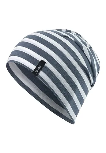 Sterntaler OCS Beanie Streifen graublau, Größe 53 – Lässige Slouch Beanie Mütze aus Singlejersey (Bio) mit maritimen Streifen – Unisex Kopfbedeckung – variabel tragbar – Übergangsmütze Baby & Kind