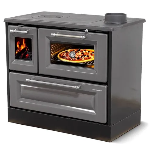 Hosseven Kaminofen 4012 Grau mit Backfach und Herdplatte - Vielseitiger 8 kW Holzofen mit integriertem Backofen und Gusskochplatte, ideal für autarkes Heizen und Kochen – perfekt für Küche, Ferienhaus oder Garten.