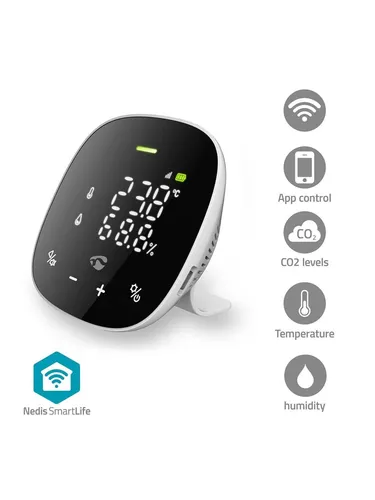 Nedis SmartLife Luftqualitätsmonitor Wi-Fi - Gasmelder mit Display zur präzisen Überwachung von CO2, Luftfeuchtigkeit und Temperatur. Ideal für ein gesundes Raumklima, kompatibel mit Android und iOS.