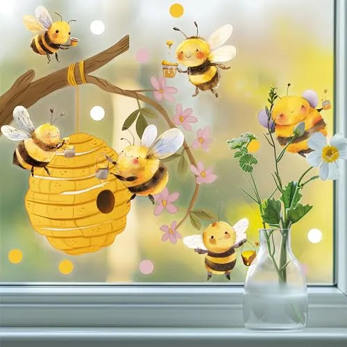 Sunnywall Fensterbild Bienen & Honig - Wiederverwendbare Fensterdeko - Gestalten Sie Ihre Fenster mit dem Sunnywall Fensterbild! Die lebendigen, beidseitig bedruckten Aufkleber sind statisch haftend, einfach zu positionieren und ideal für jeden Raum. Perfekt für Frühlingsstimmung und Vogelschutz.