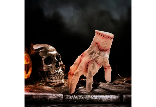 HOMCOM Dekofigur 21cm - Gruselige Halloween Dekoration mit Bewegung und Geräusch - Dekofiguren für Halloween, animierte Figur mit realistischem Narbenhand-Design, aktiviert durch Berührung oder Geräusche für ein schauriges Erlebnis.