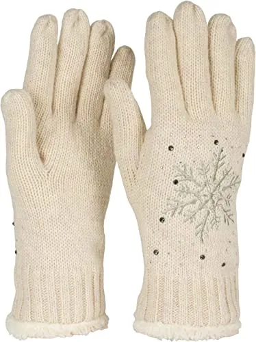 styleBREAKER Damen Handschuhe mit gestickter Schneeflocke, Strass und Fleece, warme Thermo Winter Strickhandschuhe 09010020, Farbe:Beige