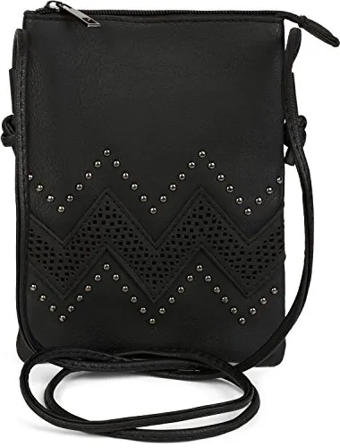 styleBREAKER Damen Mini Bag Umhängetasche mit Zick-Zack Cutout und Nieten, Schultertasche, Handtasche, Tasche 02012211, Farbe:Schwarz