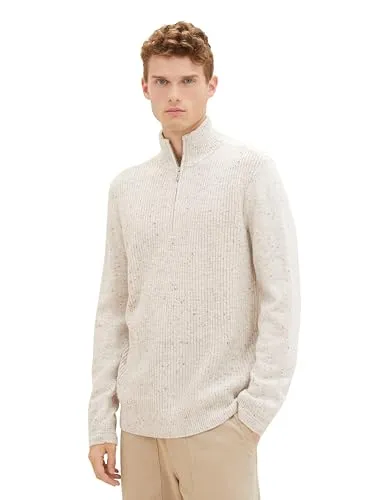 TOM TAILOR Herren Troyer Pullover mit Reißverschluss - Vintage Beige Multicolor Neps, XXXL - Pullover für Herren, ideal für die Übergangszeit. Aus weichem Strickmaterial mit praktischem Reißverschluss am Kragen für optimalen Tragekomfort.