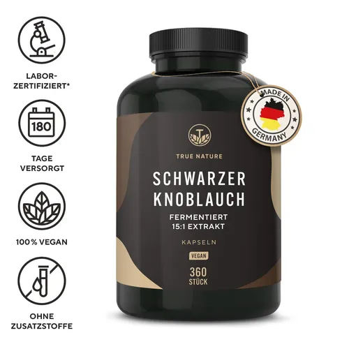 Schwarzer Knoblauch Extrakt 15:1 Kapseln - Vegan 360 St - Nahrungsergänzungsmittel mit 15:1 Schwarzem Knoblauch Extrakt - unterstützt das Immunsystem und ist vegan, ideal für eine gesunde Ernährung.