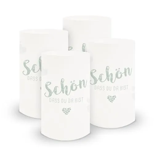 itenga 6x Windlicht Tischlicht aus Folie I Schön dass du da bist I ca 6cm Durchmesser 10cm hoch I ideal als Tischdeko für jede Feierlichkeit I geeignet für Teelichter oder LED-Kerzen (eukalyptus grün)