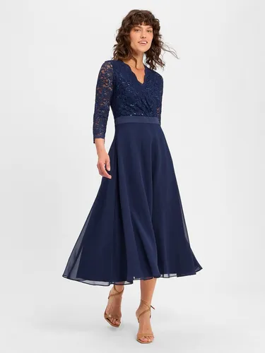 Swing Abendkleid Damen Chiffon lila, 40 686298-0002-00400 - Elegantes Midi-Abendkleid aus Chiffon mit paillettenbesetztem Spitzen-Oberteil, perfekt für besondere Anlässe und festliche Veranstaltungen.