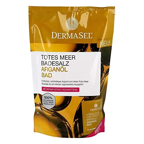 DermaSel® Totes Meer Badesalz | Arganöl Bad | 400 g + 20 ml | Ölbad für trockene, spröde Haut, pflegende Mineralien, reichhaltige Kernölpflege, hautfreundlich, dermatologisch geprüft