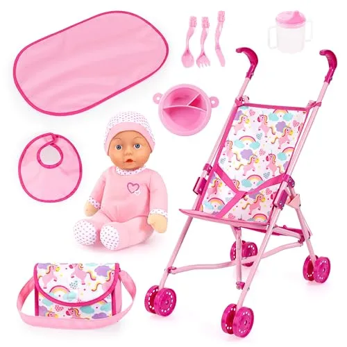 Bayer Design 30585AB Faltbarer Puppenbuggy - mit weicher Babypuppe und umfangreichem Zubehör, ideal für kleine Puppenmamas in Rosa