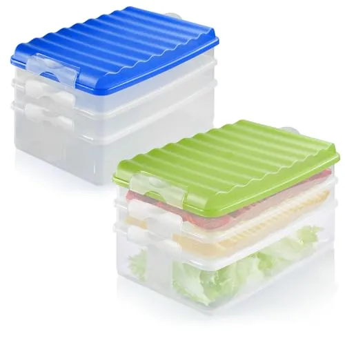 com-four® 2x Lunch-Box mit mehreren Fächern, Aufschnittbox stapelbar | Brotdose auslaufsicher mit Deckel