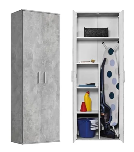 mokebo Mehrzweckschrank Der Lange mit Staubsaugerfach in Braun - Büroschrank mit 2 Türen und 4 variabel einsetzbaren Einlegeböden, ideal für eine platzsparende Aufbewahrung von Reinigungsgeräten und Bürobedarf.