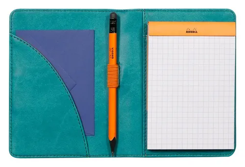 EXACOMPTA Organisationsmappe B7, Pfaugrün - Dokumentenablage aus italienischem Kunstleder mit flacher Innentasche und Stiftehalter – perfekt für Notizhefte und Blöcke.