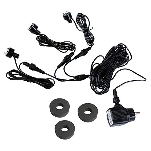 Springbrunnen Beleuchtung 3er Set LED mit 10m Kabel - Teichbeleuchtung: Effektvolle LED-Spots für Wasserspiele, inklusive abnehmbaren Schlauchanschlüssen und Schaumstoffdichtungen für optimale Fixierung.
