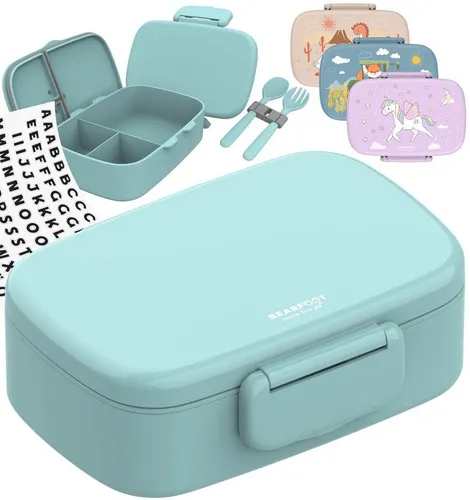 BEARFOOT Lunchbox für Kinder, mint - Auslaufsichere Brotdose mit 3 Fächern, ideal für Kindergarten und Schule, BPA-frei, mikrowellen- und spülmaschinengeeignet, inkl. Besteck.