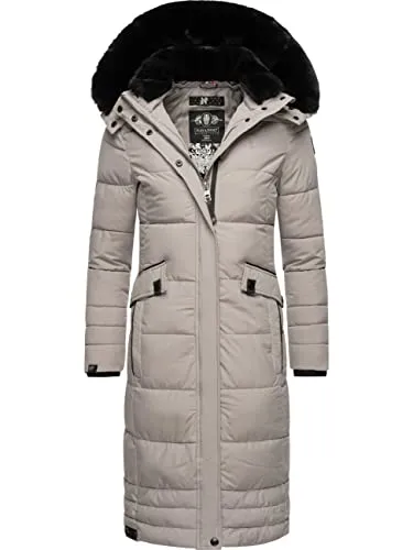 Navahoo Damen Wintermantel Fahmiyaa Zinc Grey Gr. L - Funktionsjacken: Warmer Steppmantel mit abnehmbarer Kapuze und Kunstfell, wasser- und windabweisend, ideal für kalte Tage und perfekt zum Einkaufen dank praktischer Stofftasche.