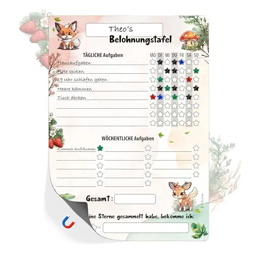 TOBJA Belohnungstafel Kinder A4 magnetisch - Spielerisches Töpfchentraining und Alltagsroutinen mit Einhorn, Dino oder Waldtiere Design - Für strahlende Kinder und entspannte Eltern (Waldtiere)
