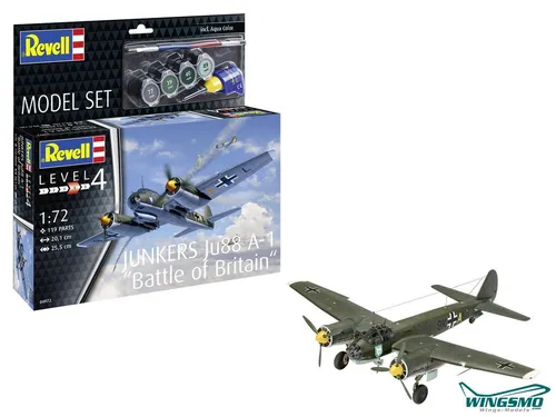 Revell Modellbausatz Junkers Ju88 A-1 Battle of Britain - Luftfahrt-Modellbausätze mit detailliertem Cockpit und Zubehör wie Kleber und Pinsel für sofortigen Bau und Bemalung.