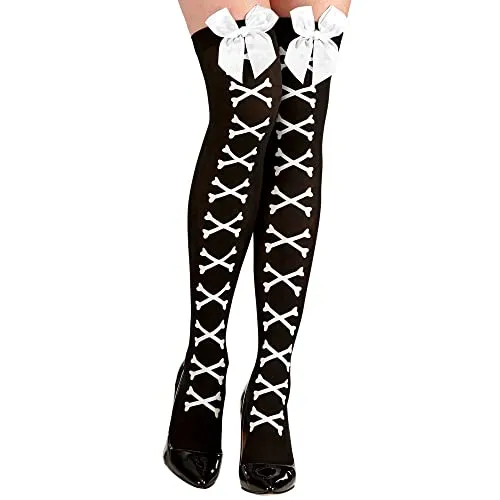 Widmann 01304 - Überkniestrümpfe mit gekreuzten Knochen und Satinfliege, 70 DEN, Halterlose Strümpfe, Halloween, Karneval, Mottoparty