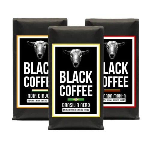 Black Coffee - Kaffeebohnen Probierset - 3x 400g - ganze Bohnen - sortenreiner Röstkaffee - Starker Kaffee - sehr dunkle Trommelröstung in Minichargen - Hoher Koffeingehalt