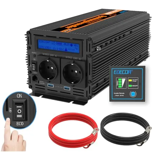 EDECOA Wechselrichter 24v 230v 2000w Reiner Sinus Spannungswandler mit ECO-Modus LCD-Bildschirm 2X USB und Fernbedienung Spannungswandler 2000w und kurzfristige Spitze 4000w Power Inverter